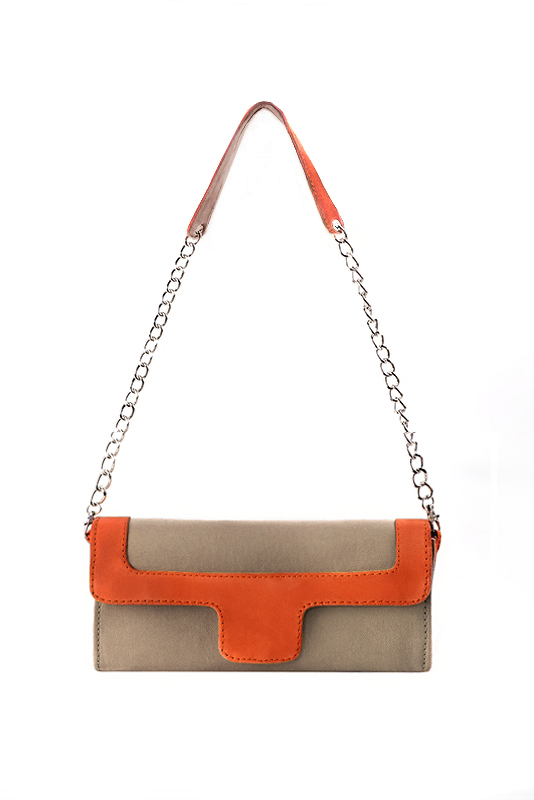 Women's tan beige and clementine orange luxurious elegant clutch for ceremonies, weddings and evenings out. - Top view